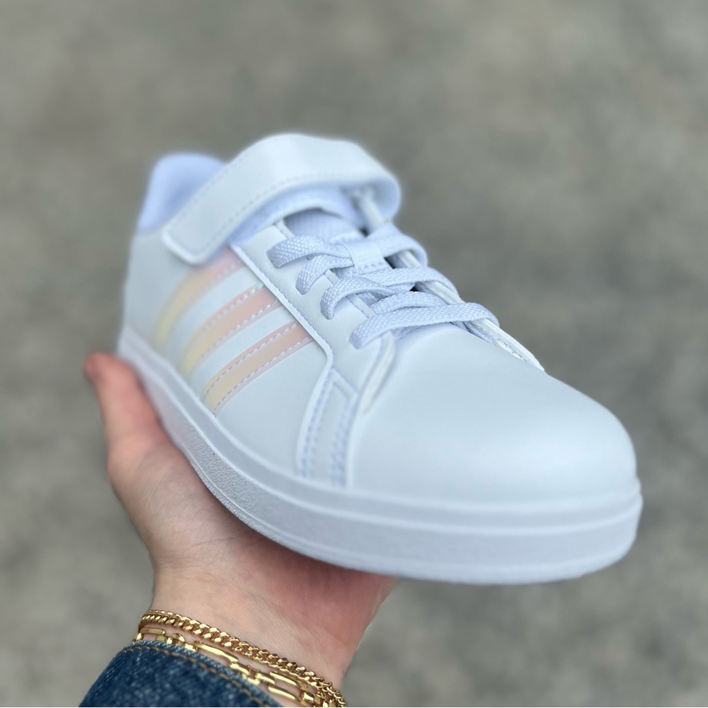 851 | Adidas Grand Court Kids Girls White Sneakers with Iridescent Stripes - Picture 5 of 10